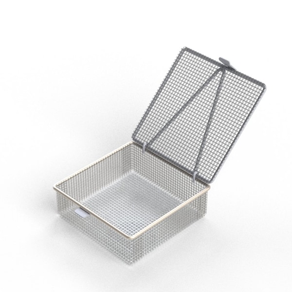 Anysizebasket Light Duty Basket: 6Lx6Wx2H, 304 SS, Hinged Lid with Thumb Clasp, No Handles, Mesh: 4 x .032 FLB-060060020-L04S - main
